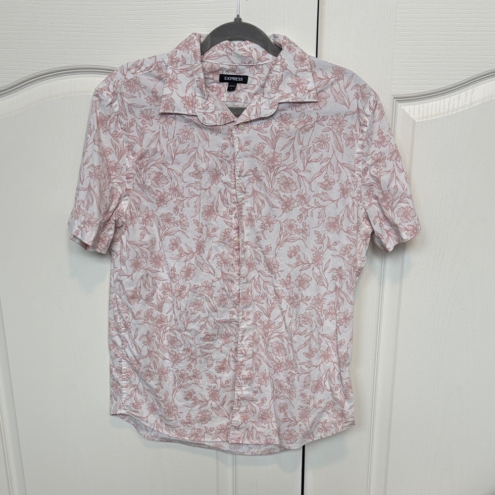 Express Men’s Short-Sleeve Floral Button-Down Shirt - Light Pink & White